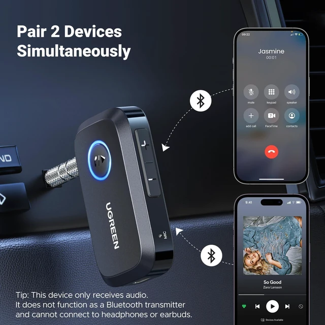Alt view image 13 of 14 - Bluetooth 5.4 Car Adapter, Hands-Free Call & Noise Cancelling AUX to Bluetooth Adapter for Car, 3.5mm Audio Blue-Tooth Receiver for Cars Stereo Home Speaker - 15H Battery Life