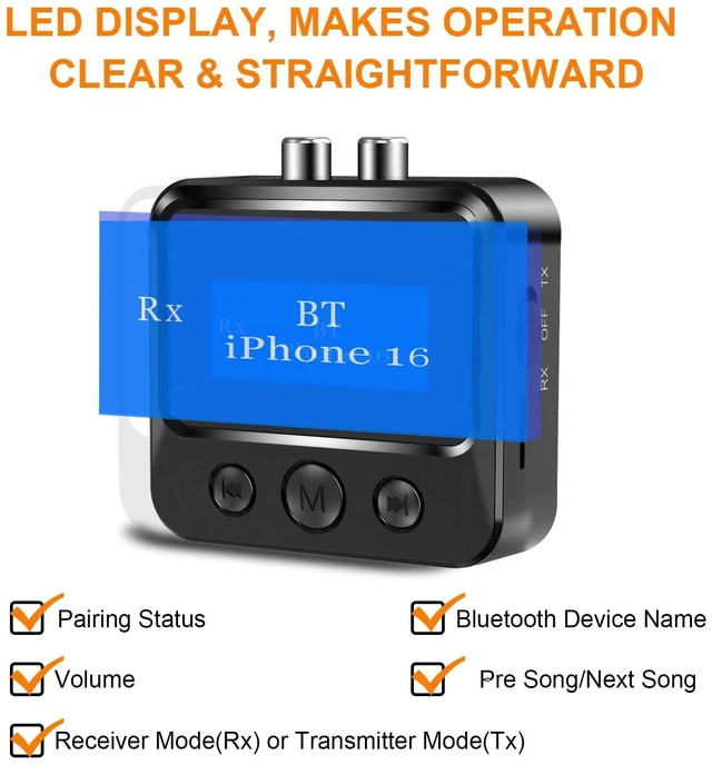 Alt view image 10 of 14 - Bluetooth Transmitter Receiver for TV, Audio Adapter for Home Stereo with RCA 3.5mm AUX & Display, Bluetooth Transmitter for Headphones/Speakers/Airplane/Home Theater/PC/Car, TF Card Output