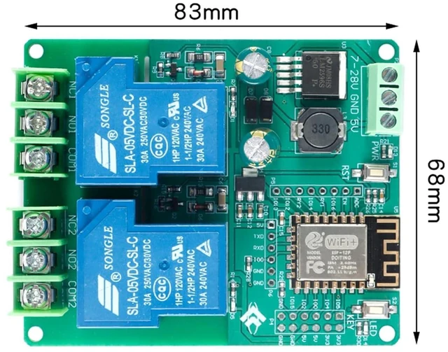 Alt view image 6 of 6 - ESP8266 5V 30A Relay Module, 2 Channel ESP-12F Development Board for Smart Home IoT, DC7-80V Power Supply