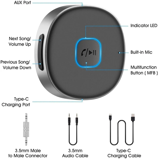 Alt view image 9 of 14 - Bluetooth Receiver, Portable 3.5mm Aux Car Adapter, Bluetooth Wireless Audio Receiver for Car/Home Stereo/Wired Headphones/Speaker, 16H Battery Life