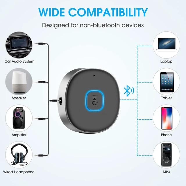 Alt view image 10 of 14 - Bluetooth Receiver, Portable 3.5mm Aux Car Adapter, Bluetooth Wireless Audio Receiver for Car/Home Stereo/Wired Headphones/Speaker, 16H Battery Life