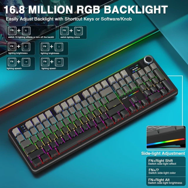 Alt view image 6 of 7 - AULA F108 PRO - Wireless Mechanical Keyboard with Screen & Knob,Full Size Keyboard with 8000mAh Battery,Pre-lubed Switches,Side Printed PBT Keycaps,RGB Backlit Hot Swappable Custom Gaming Keyboards