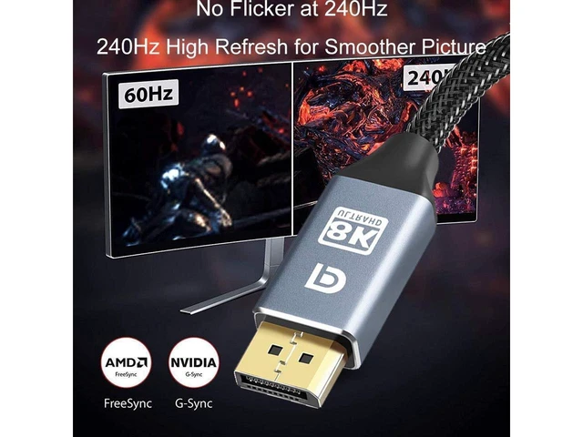 Alt view image 2 of 7 - 8K DisplayPort Cable, 3.3ft Ultra HD DisplayPort 1.4 Male to Male Nylon Braided DP Cable, 7680x4320 Resolution, 8K @60Hz, 4K @144Hz, 32.4Gbps, HDP, HDCP for PC, Laptop, HDTV, DP to DP Cable (1M)