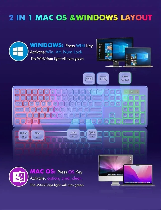 Alt view image 6 of 7 - Wireless RGB Gaming Keyboard & Mouse Set Rechargeable, Ergonomic Tilt Design, 2.4G Quiet Combo for Home/Office - purple