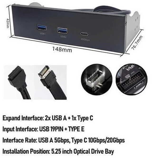 Alt view image 2 of 7 - 5.25 Inch Front Panel USB Hub, 3 Ports USB Front Panel Floppy Disk Bay, 19 Pin USB3.2 GEN2 Internal USB Hub with 2 USB A and 20Gbps USB C Port, for PC Case