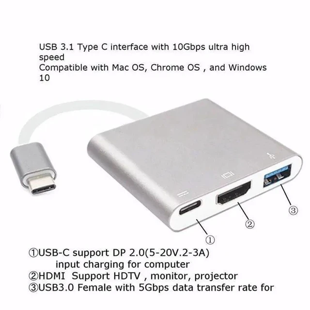 Alt view image 5 of 5 - USB C HUB to Adapter For Macbook Pro/Air Thunderbolt 3 USB Type C Hub to 4K USB 3.0 Port USB-C Power Delivery