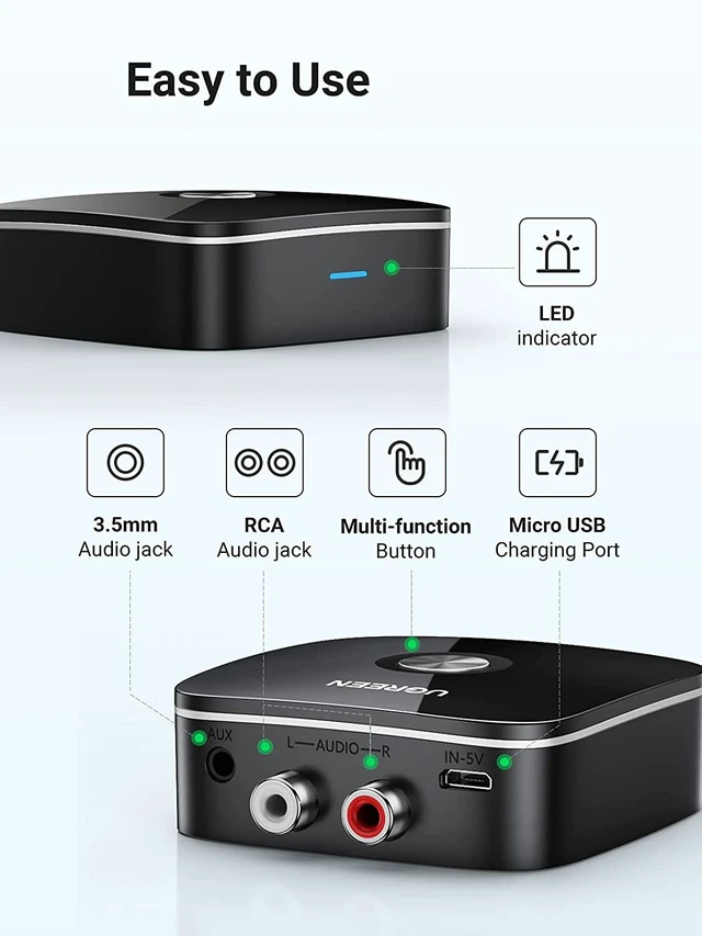 Alt view image 6 of 7 - UGREEN Bluetooth Receiver 5.0 Wireless Auido Music RCA Adapter for Home Car Music Streaming Sound with 3.5mm and 2RCA Compatible with iPhone X, 8, 8 Plus, iPad, Samsung S8 Plus, Note 8, Tablet, Laptop