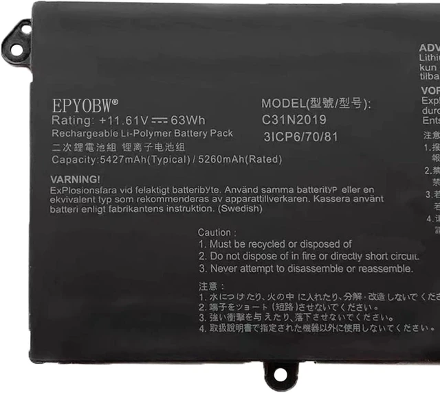Alt view image 2 of 3 - C31N2019 Laptop Battery 63Wh 5427mAh 3-Cell 11.61V Compatible with ASUS VivoBook Pro 14X OLED M7400 / VivoBook Pro 15 OLED M3500QC M3500QC-L1062 Series C31N2019-1 3ICP6/70/81