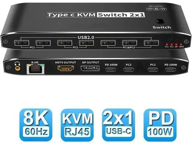 Main image of 2x1 USB-C KVM Switch, Thunderbolt 4 8K KVM Switch with RJ45 Ethernet Port, 100W PD Charging, 4K 144Hz Type-C KVM Switcher for 2 Computers Share 1 Monitor