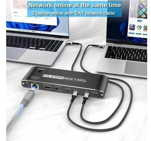 Alt view image 3 of 7 - 2x1 USB-C KVM Switch, Thunderbolt 4 8K KVM Switch with RJ45 Ethernet Port, 100W PD Charging, 4K 144Hz Type-C KVM Switcher for 2 Computers Share 1 Monitor