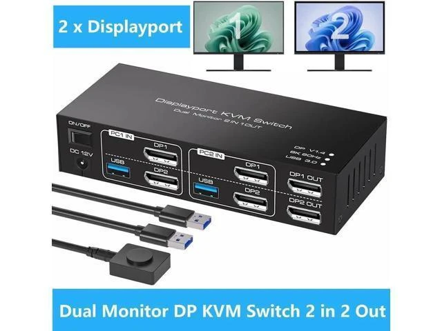 Main image of 2 In 2 Out DP 1.4 Dual Monitor KVM Switch, USB 3.0 DisplayPort KVM Switch for 2 Computers, 8K@60Hz 4K@144Hz with 4 USB 3.0 Ports