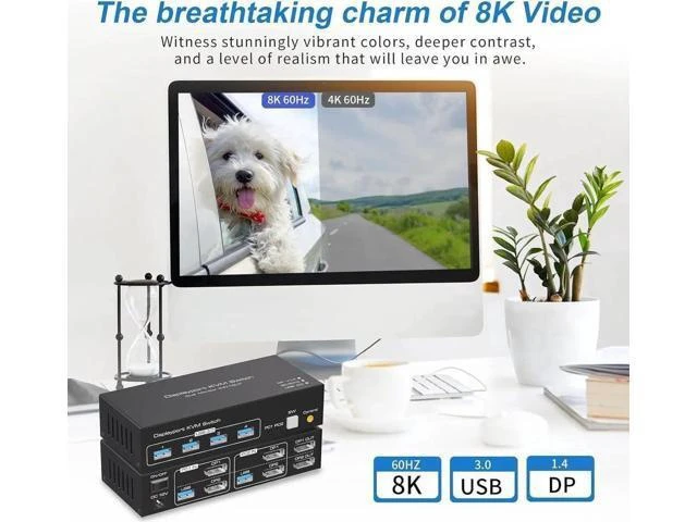 Alt view image 2 of 7 - 2 In 2 Out DP 1.4 Dual Monitor KVM Switch, USB 3.0 DisplayPort KVM Switch for 2 Computers, 8K@60Hz 4K@144Hz with 4 USB 3.0 Ports