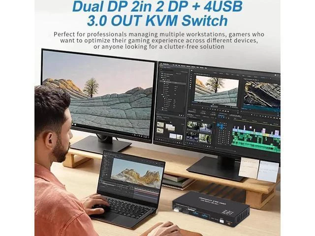 Alt view image 3 of 7 - 2 In 2 Out DP 1.4 Dual Monitor KVM Switch, USB 3.0 DisplayPort KVM Switch for 2 Computers, 8K@60Hz 4K@144Hz with 4 USB 3.0 Ports