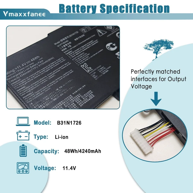 Alt view image 2 of 5 - Vmaxxfanee 48Wh B31N1726 Laptop Battery Replacement for ASUS TUF Gaming A15 FA506 FA706II FA506IU A17 FA706II FX504 FX505 FX80 FX80G FX80GE FX80GM FX80GD FX86 FX86FE FX86FM Series HSTNN-UB7A TPN-Q173