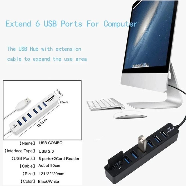 Alt view image 4 of 5 - USB Hub 3/6 Port Expander Hub High Speed Multi USB Splitter 2.0 Hub 3 Hub 3.0 Multiple USB3.0 TF SD Card Reader For PC