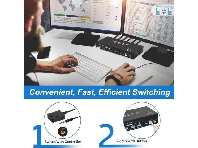 Alt view image 7 of 7 - 2 In 2 Out DP 1.4 Dual Monitor KVM Switch, USB 3.0 DisplayPort KVM Switch for 2 Computers, 8K@60Hz 4K@144Hz with 4 USB 3.0 Ports
