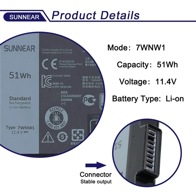 Alt view image 2 of 5 - 7WNW1 Laptop Battery Replacement for Dell Latitude 5420 5424 Rugged, Extreme P85G P86G P137G P137G001 P137G002 P85G001 P86G001 Series DMF8C GK3D3 6NNCF DP3KF DMF0C 07WNW1 451-BCHV 11.4V 51Wh 4342mAh