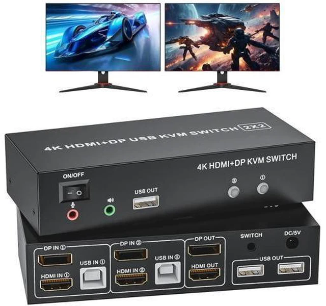 Main image of 2x2 Hybrid DP 1.4+HDMI Dual Monitor KVM Switch 4K@60Hz, USB 2.0 KVM Switcher with Audio Mic Port for 2 PCs Share 2 Displays Keyboard Mouse Printer