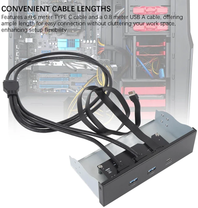 Alt view image 5 of 5 - 5.25 Inch Front Panel USB C Hub, GEN2x2 USB A Type C 3 Ports USB Front Panel Hub, 5.25 Inch 19 Pin 20Gbps Optical Drive Extension Panel for PC Computer