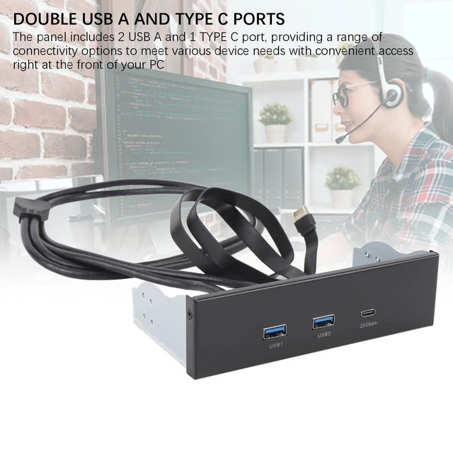 Alt view image 3 of 5 - 5.25 Inch Front Panel USB C Hub, GEN2x2 USB A Type C 3 Ports USB Front Panel Hub, 5.25 Inch 19 Pin 20Gbps Optical Drive Extension Panel for PC Computer