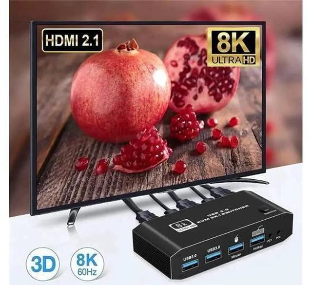 Alt view image 2 of 7 - 2023 Top 2-Port HDMI 2.1 KVM Switch 2X1, 8K@60Hz & 4K@120Hz, 2 PCs Share 1 Monitor, USB KVM Selector