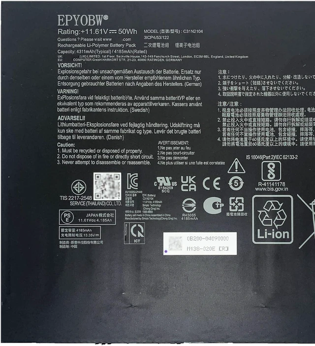 Alt view image 2 of 5 - C31N2104 Laptop Battery 50Wh 4311mAh 3-Cell 11.61V Compatible with Asus Vivobook 13 Slate T3300KA 2-in-1 Series 3ICP4/53/122