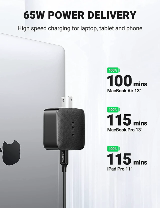 Alt view image 2 of 7 - UGREEN 65W USB C Fast Charger GaN Wall Charger with 6FT 100W USB C to USB C Cable Compatible with MacBook Pro Air, XPS 13, iPad Pro, iPad Mini 6, Galaxy S21 S20, Pixel, iPhone 13 12 Pro Max and More