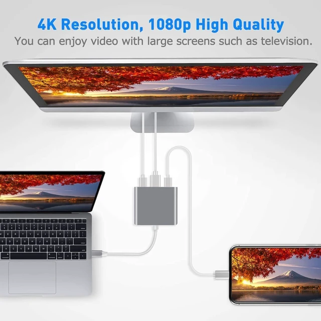 Alt view image 2 of 7 - 3 in 1 USB C to HDMI Adapter Type C to 4K HDMI Adapter with 100W PD & USB 3.0 Port Multiport Digital AV Converter (Grey)