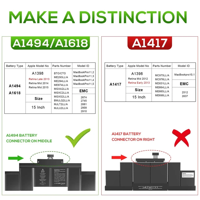Alt view image 2 of 5 - Futurebatt A1398 Battery Replacemen for A1618 A1494 MacBook Pro 15" Retina A1398 (Late 2013 Mid 2014 Mid 2015),for MacBook Pro 11,2/MacBook Pro 11,3