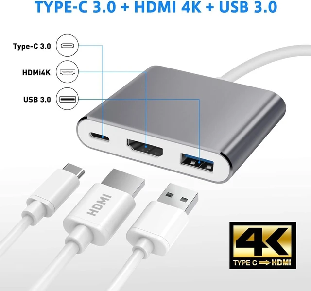Alt view image 3 of 7 - 3 in 1 USB C to HDMI Adapter Type C to 4K HDMI Adapter with 100W PD & USB 3.0 Port Multiport Digital AV Converter (Grey)