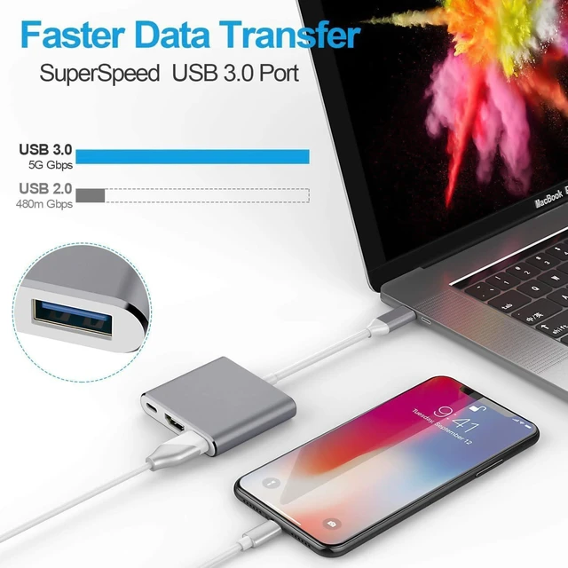 Alt view image 5 of 7 - 3 in 1 USB C to HDMI Adapter Type C to 4K HDMI Adapter with 100W PD & USB 3.0 Port Multiport Digital AV Converter (Grey)
