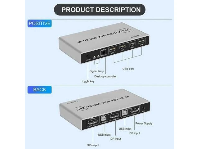 Alt view image 4 of 5 - 2 Port DisplayPort 1.4 KVM Switch, 8K@60Hz 4K@144Hz USB DP KVM Switcher for 2 PCs Share Monitor Keyboard Mouse