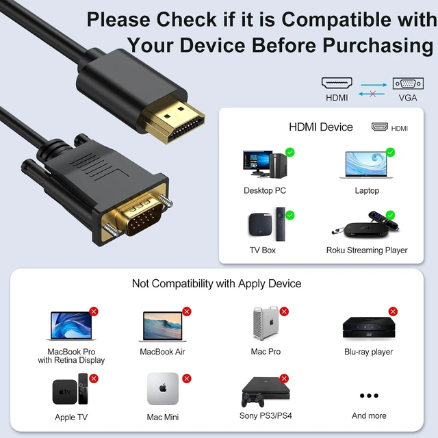 Alt view image 3 of 7 - HDMI to VGA Cable 6 Feet Computer HDMI to VGA Monitor Cable HD 1080P Video Cord Compatible for Computer Desktop Laptop PC Monitor Projector HDTV and More-NOT Bidirectional