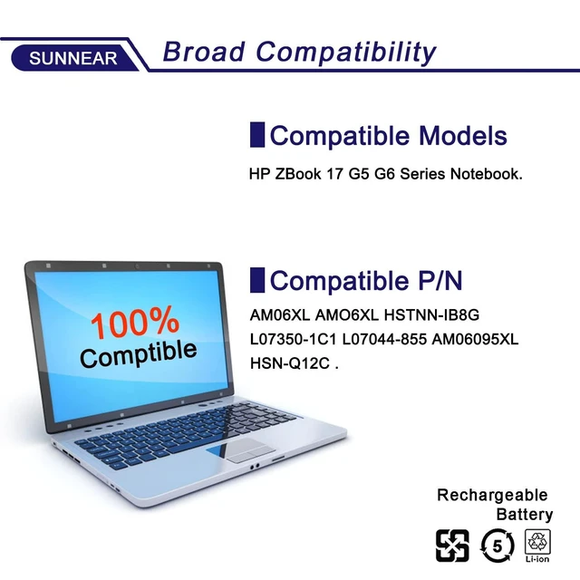 Alt view image 5 of 5 - AM06XL Laptop Battery Compatible with HP Z Book 17 G5 G6 Series Laptop AMO6XL HSTNN-IB8G L07350-1C1 L07044-855 AM06095XL HSN-Q12C 11.55V 95.9Wh 8310mAh 6-Cell