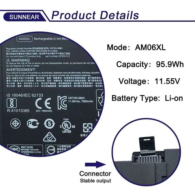 Alt view image 2 of 5 - AM06XL Laptop Battery Compatible with HP Z Book 17 G5 G6 Series Laptop AMO6XL HSTNN-IB8G L07350-1C1 L07044-855 AM06095XL HSN-Q12C 11.55V 95.9Wh 8310mAh 6-Cell
