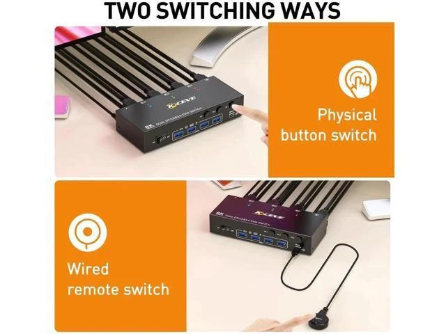Alt view image 7 of 7 - 3 Port Dual Monitor DP KVM Switch 8K@60Hz, 3 PCs Share 2 DP Screens, USB 3.0 KVM Switch for Keyboard Mouse Sharing