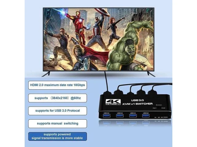 Alt view image 2 of 7 - 2 Port USB-C HDMI 2.0 KVM Switch 4K@60Hz, 2 in 1 Out KVM Console with 4 USB 3.0 Ports for 2 PCs Share Monitor Keyboard Mouse