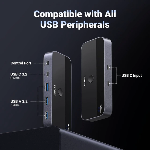 Alt view image 5 of 6 - UGREEN 10Gbps USB C Switch 2 Computers Share 4 USB 3.2 Ports, USB Switcher Selector for PC Laptop Keyboard Mouse Webcam USB-Microphone, USB Switch Adapter with 2 USB C to C Data Cables and Remote