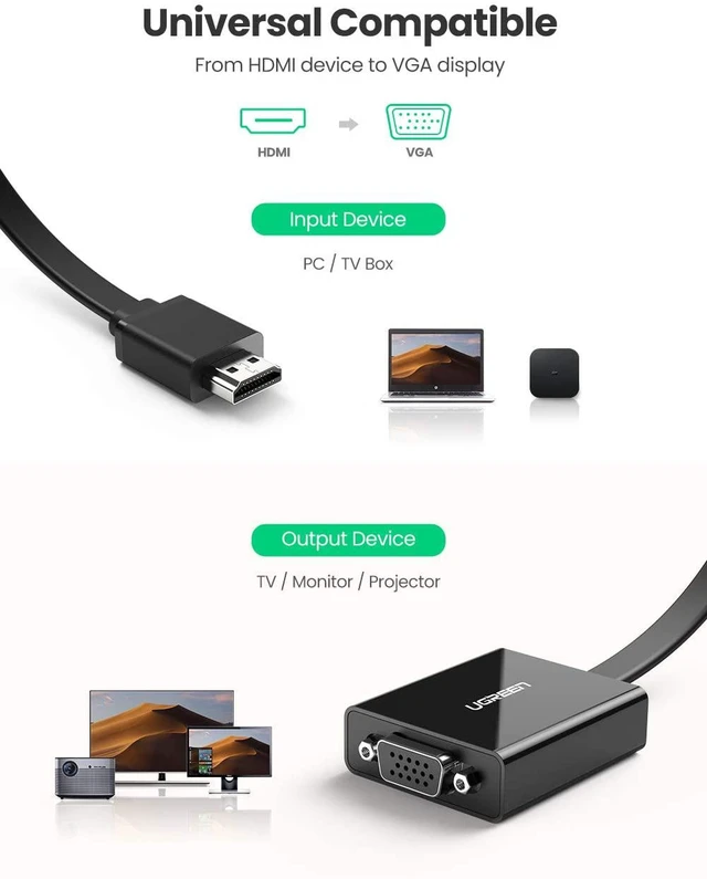 Alt view image 3 of 7 - UGREEN Active HDMI to VGA Adapter with 3.5mm Audio Jack HDMI Male to VGA Female up to 1080P for PC Laptop Ultrabook Raspberry Pi Chromebook Black