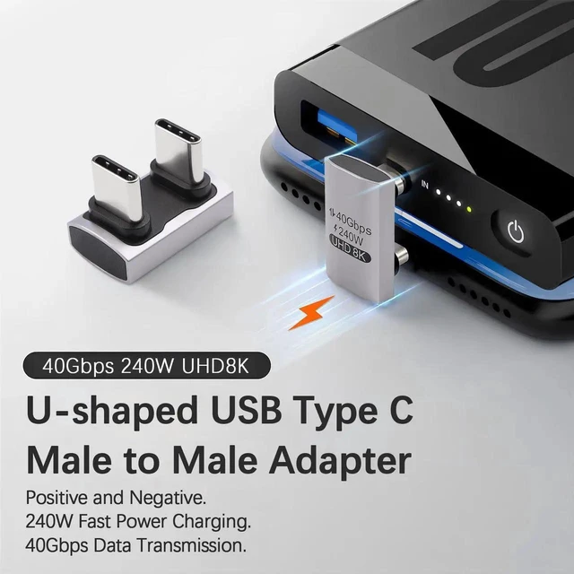 Alt view image 2 of 7 - 180 Degree USB C to USB C Adapter 240W PD, 40Gbps Data & 8K Video, U Shape Type C Male to Male Adapter for Thunderbolt 4/3,Switch, Laptop, Tablet, Phone 1Pack