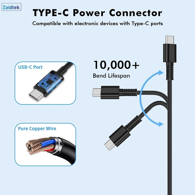 Alt view image 2 of 5 - Zaidtek 65W USB C Laptop Charger Compatible with ACEMAGIC AX15 AX16PRO KAIGERR AX15 RX16 AX16PRO TX16PRO AOC AX15 AX16PRO Type C AC Adapter Power Supply Cord