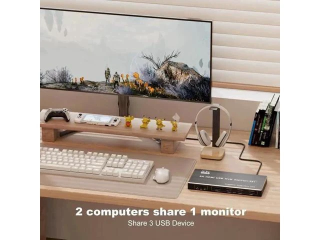 Alt view image 5 of 7 - 2 Port HDMI USB 3.0 KVM Switch 8K@60Hz, 2 In 1 Out KVM Switcher for 2 PCs Share 1 Monitor Keyboard Mouse Printer Scanner, With Desktop Controller