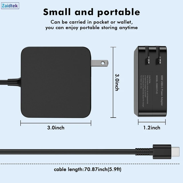 Alt view image 3 of 5 - Zaidtek 65W USB C Laptop Charger Compatible with ACEMAGIC AX15 AX16PRO KAIGERR AX15 RX16 AX16PRO TX16PRO AOC AX15 AX16PRO Type C AC Adapter Power Supply Cord