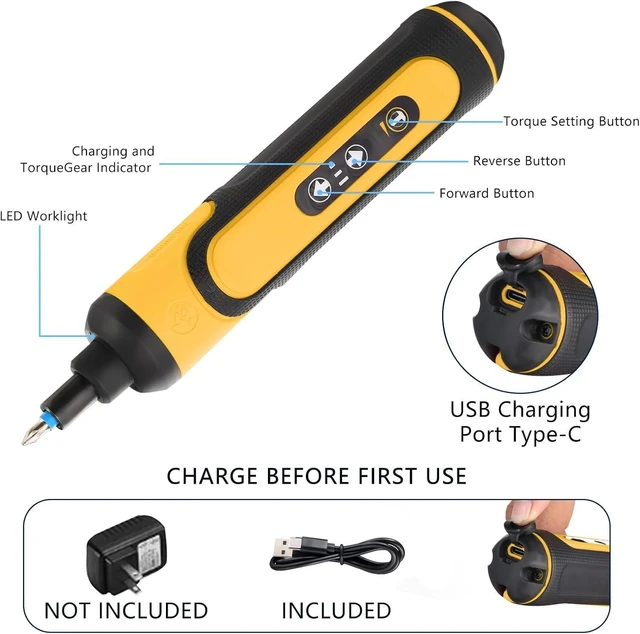 Alt view image 3 of 6 - Electric Screwdriver Rechargeable 4V Cordless Screwdriver With 3 Gear Torque Adjustment and 26 Bits Extension Rod USB Charging Cable in Carrying Case Suitable for Furniture or Appliance Repair