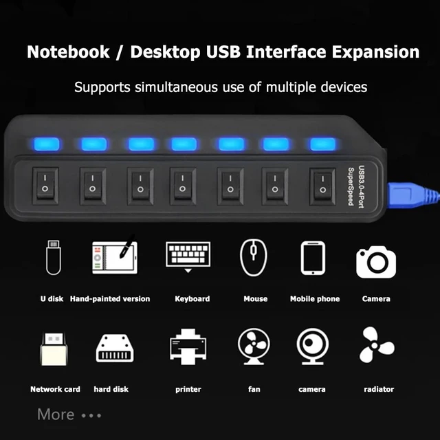 Alt view image 4 of 5 - 4/7 Ports USB 3.0 Hub USB Splitter with Individual Power Switches for PC USB3.0 Splitter with Four Switches Hub Hub With 7-port