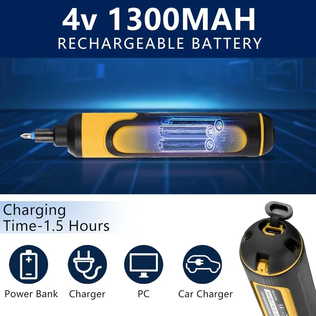 Alt view image 4 of 6 - Electric Screwdriver Rechargeable 4V Cordless Screwdriver With 3 Gear Torque Adjustment and 26 Bits Extension Rod USB Charging Cable in Carrying Case Suitable for Furniture or Appliance Repair