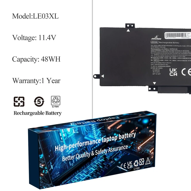 Alt view image 2 of 5 - A AMANDA 796356-005 LE03XL Laptop Battery for HP Pavilion X360 M6-W101dx W010dx W102dx W103dx 13-s120nr 13-s000 15-bk000 Series, 13-s120nr 13-s128nr 15-bk010nr 15-bk152nr LE03 HSTNN-PB6M HSTNN-YB5Q