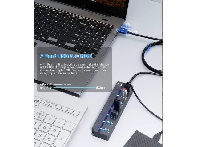 Alt view image 4 of 7 - USB 3.0 Hub, 7-Port with Individual On/Off Switches & LED Indicators, 5Gbps High-Speed Data Hub for Laptop, PC, MacBook, Surface Pro, PS5, HDD, Flash Drive (4ft Cable)