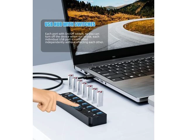 Alt view image 3 of 7 - USB 3.0 Hub, 7-Port with Individual On/Off Switches & LED Indicators, 5Gbps High-Speed Data Hub for Laptop, PC, MacBook, Surface Pro, PS5, HDD, Flash Drive (4ft Cable)