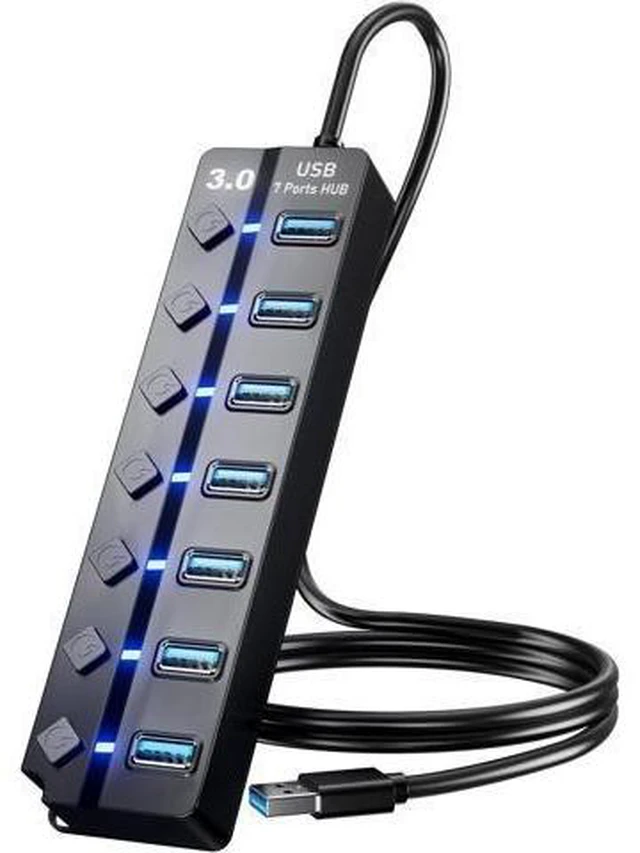Main image of USB 3.0 Hub, 7-Port with Individual On/Off Switches & LED Indicators, 5Gbps High-Speed Data Hub for Laptop, PC, MacBook, Surface Pro, PS5, HDD, Flash Drive (4ft Cable)